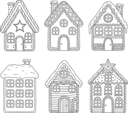 Printset of houses winter christmas decoration icons vector design collections black white simple modern style isolated