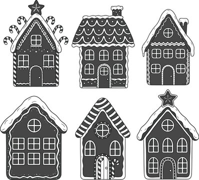 Printset of houses winter christmas decoration icons vector design collections black white simple modern style isolated