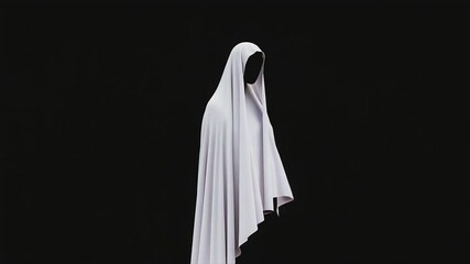 Mysterious figure draped in white fabric stands against a black background, evoking intrigue