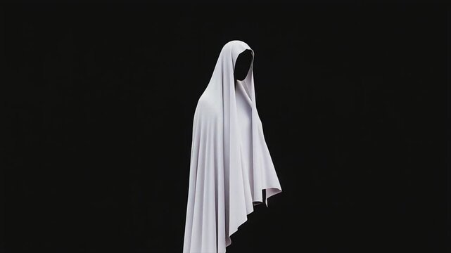 Mysterious figure draped in white fabric stands against a black background, evoking intrigue