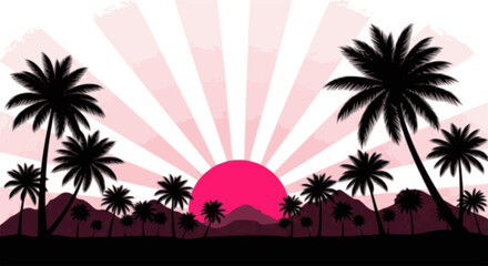Obraz premium Silhouettes of palm trees and pink sun vector. set of palm trees and sunrise vector silhouette. tropical landscape and mountains black, very peri vector illustration