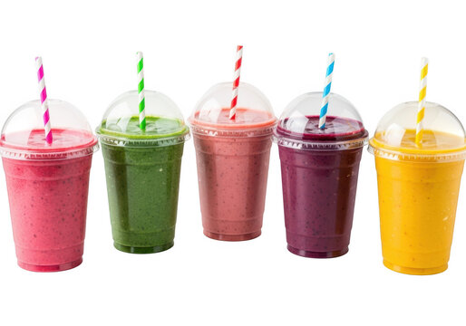 Five colorful fruit smoothies isolated on transparent background