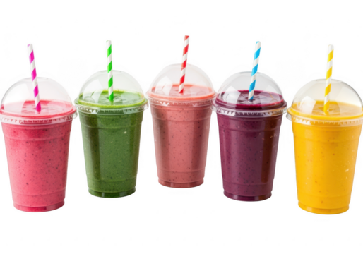 Five colorful fruit smoothies isolated on transparent background