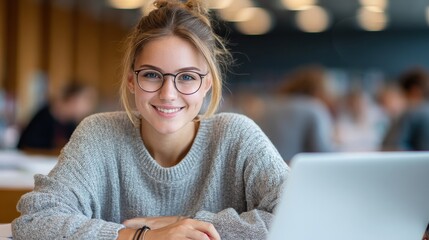 happy young woman working on laptop and looking at camera in classroom portrait of smiling university student in library use computer for a research satisfied college student looking at camera no log