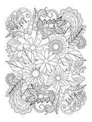Doodle floral art. Black and white doodle. Page for coloring. Doodle beautiful flowers art for adult coloring book.