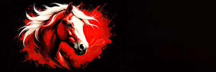A vibrant red horse with a flowing white mane is depicted against a dark background. The horse symbolizes the New Year and embodies strength and vitality.