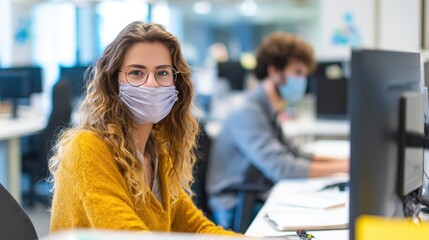 young people with face masks back at work or school in office after lockdown no logos no brands ar 169