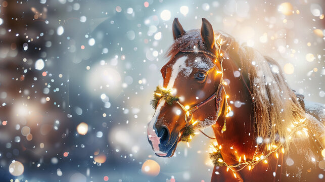 Festive Horse with Christmas and New Year Decoration, Realistic Illustration with Copy Space