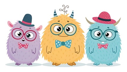 Fototapeta premium Three adorable fluffy monsters wearing glasses and bow ties with hats