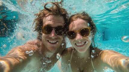 travel couple taking selfie photo under the water in swimming pool young people having fun during summer vacation technology trends and influencers concept soft focus on man face no logos no brand