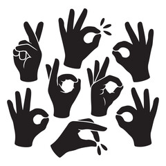 Fototapeta premium Collection of black hand gesture silhouettes on white background okay peace