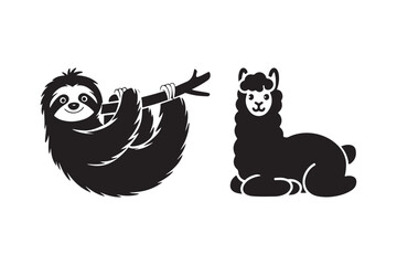 Cute black silhouette of a sloth hanging and a llama sitting © Laboni