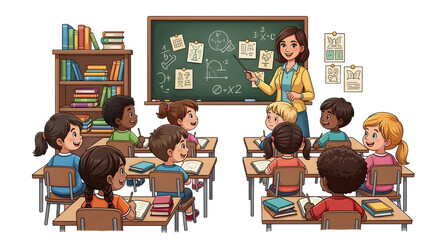 A vibrant and engaging classroom environment where a diverse group of young students enthusiastically learn from their attentive female teacher, fostering a bright educational future