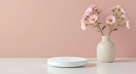 Pink flowers in a vase on a white surface with a wireless charger and pink wall image photo