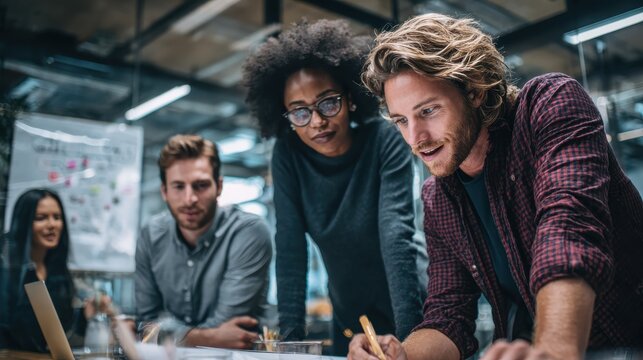 multiracial business people working on sustainable innovation project  green renewable energy concept  focus on left man face no logos no brands ar 169