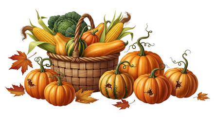 Vibrant Autumn Harvest Display Featuring a Wicker Basket Filled with Fresh Seasonal Vegetables and Ripe Pumpkins Amidst Colorful Fall Foliage