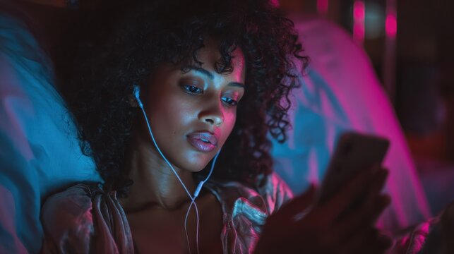 technology internet communication and people concept  young african american woman with smartphone and earphones listening to music in bed at home at night no logos no brands ar 169