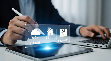 Businessman interacting with a futuristic holographic interface displaying cloud and smart home icons