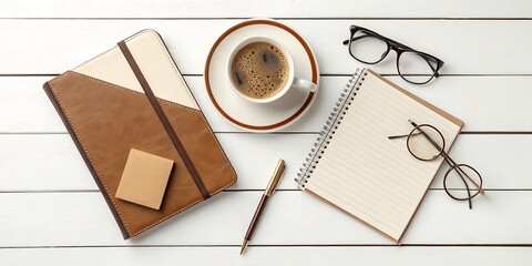Overhead view of coffee, notebooks, glasses, and pen on a white wooden surface saucer drink