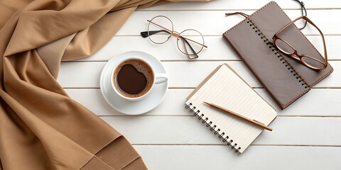 Flat lay of coffee, notebooks, glasses, and fabric on a white wooden table saucer drink
