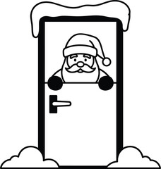 Christmas santa claus vector art of santa claus peeking behind a door with snow for christmas vector
