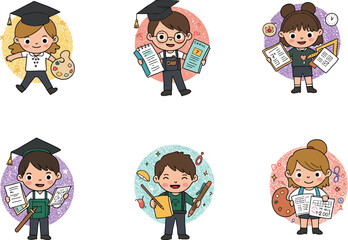 Cartoon graduates wearing mortarboards, holding art palettes, papers, rulers, and study materials with colorful backgrounds representing education and creativity.