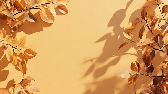Light orange background with sparse autumn leaves and large copy space 
