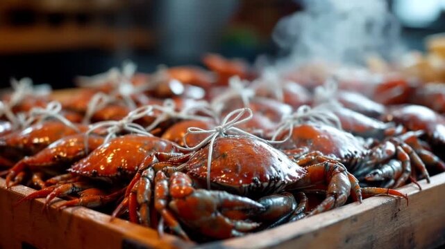 Steaming Cooked Crabs Tied with Twine in a Wooden Crate Close-up seafood steamed