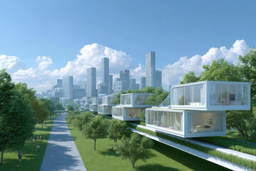 imagine futuristic cityscape with houses gliding seamlessly along elevated rails their innovative designs