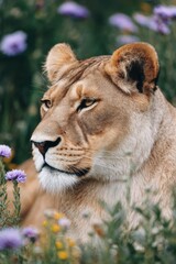 Obraz premium Lioness resting in a meadow surrounded by purple and yellow flowers