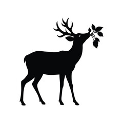 Fototapeta premium Majestic black deer silhouette eating leaves in a minimalist wildlife illustration, deer eating leaves illustration silhouette