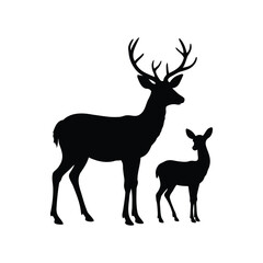 Silhouette of a majestic Stag and adorable Fawn on a White Background, deer with fawn illustration silhouette