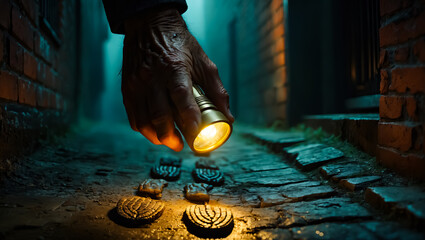 Mysterious Nighttime Discovery A Hand with Flashlight Illuminates Ancient Symbols on a Cobblestone Path