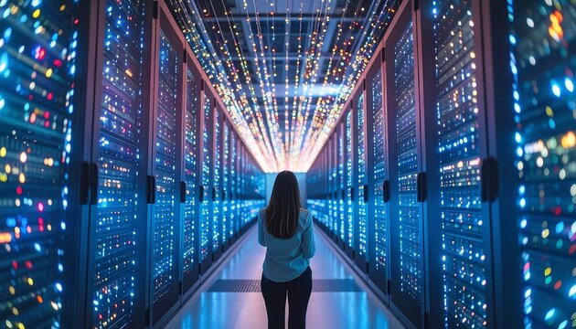 Person Walking in Data Center with Rows of Server Racks