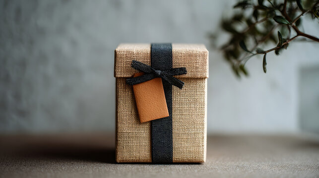 A simple, rustic gift box wrapped in textured paper, tied with a dark ribbon and featuring a blank tag for personalization.