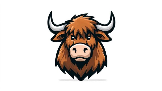 A stylized illustration of a Highland bovine's head, featuring horns and shaggy fur on white backdrop