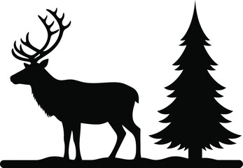 Christmas reindeer vector art of silhouette of a deer standing next to a pine tree, , perfect for nature and wildlife themes vector