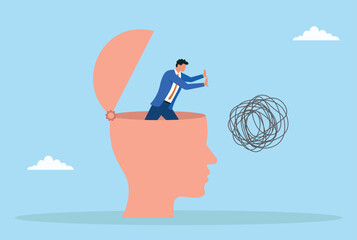Vector illustration of a businessman inside an open human head pushing away tangled lines, symbolizing clearing confusion, overcoming stress, and finding mental clarity or solutions
