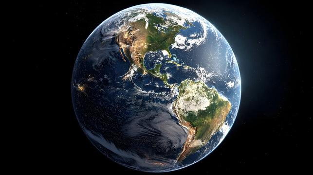 A stunning view of planet Earth from space, highlighting the continents of North and South America with visible clouds and oceans. - Powered by Adobe