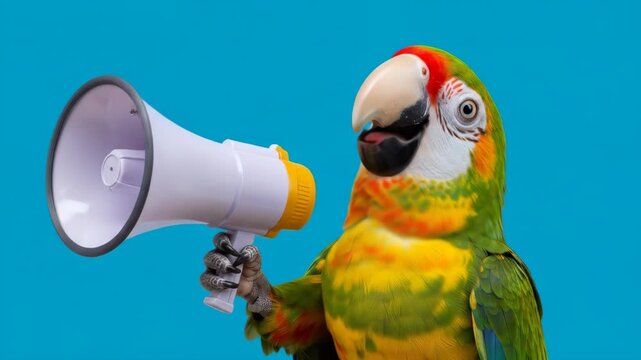 Parrot Announcing Important News - A vibrant parrot holds a megaphone, ready to announce an important message. The bird is positioned against a bright blue background, creating a striking visual.