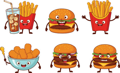 Cute cartoon fast food characters with funny faces, burger, fries, nuggets, and soda vector set for kids, menu design and restaurant branding