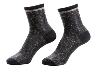 Two black socks with a shiny glittery appearance  isolated on white background ,PNG.AI Generated.