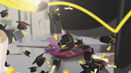 students reaching for pencils starting writing assignment at desk with floating caps and diplomas