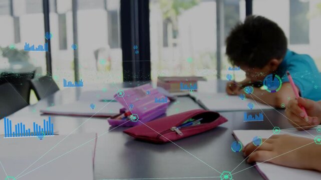 Hand holding pencil initiating education task, boys writing and animated graphs linking pages
