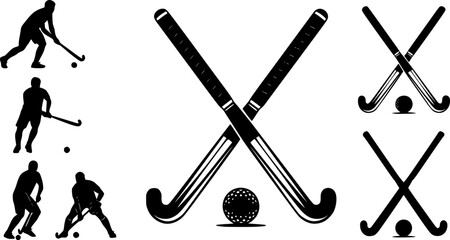 Field hockey stick silhouettes, Field hockey sticks and ball silhouettes, Crossed field hockey sticks vector, Field hockey silhouettes, Field hockey vector illustration.