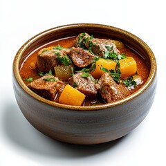 Hearty beef stew with tender meat chunks and colorful vegetables in a savory broth served in a rustic clay bowl on a white background