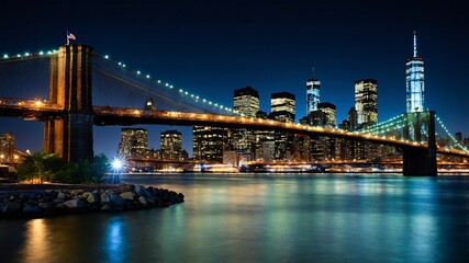 Iconic brooklyn bridge illuminated at night with city skyline