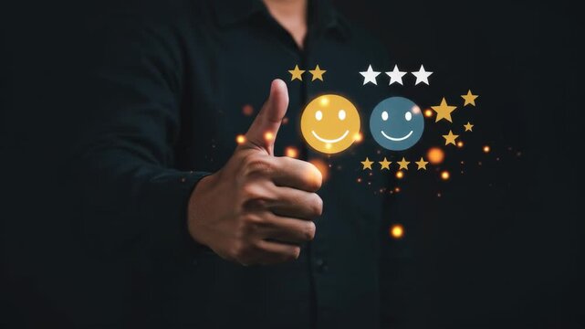 Excellent Customer Feedback - A hand gives a thumbs-up gesture with glowing smiley faces and five-star ratings appearing nearby, symbolizing positive customer feedback and high satisfaction.