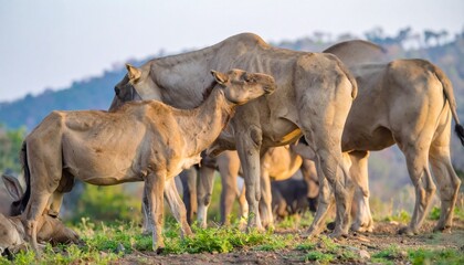 Fototapeta premium A group of camels resting on grassland near hills, captured in warm light. Natural behavior and serene landscape evoke calm and connection.