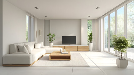 Fototapeta premium Modern living room with large windows natural light and comfortable sofa minimalist interior design aesthetic